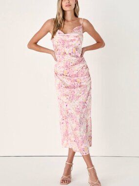 Lulus: Pink Floral Print Sleeveless Ruched Midi Dress NWT size M or size S